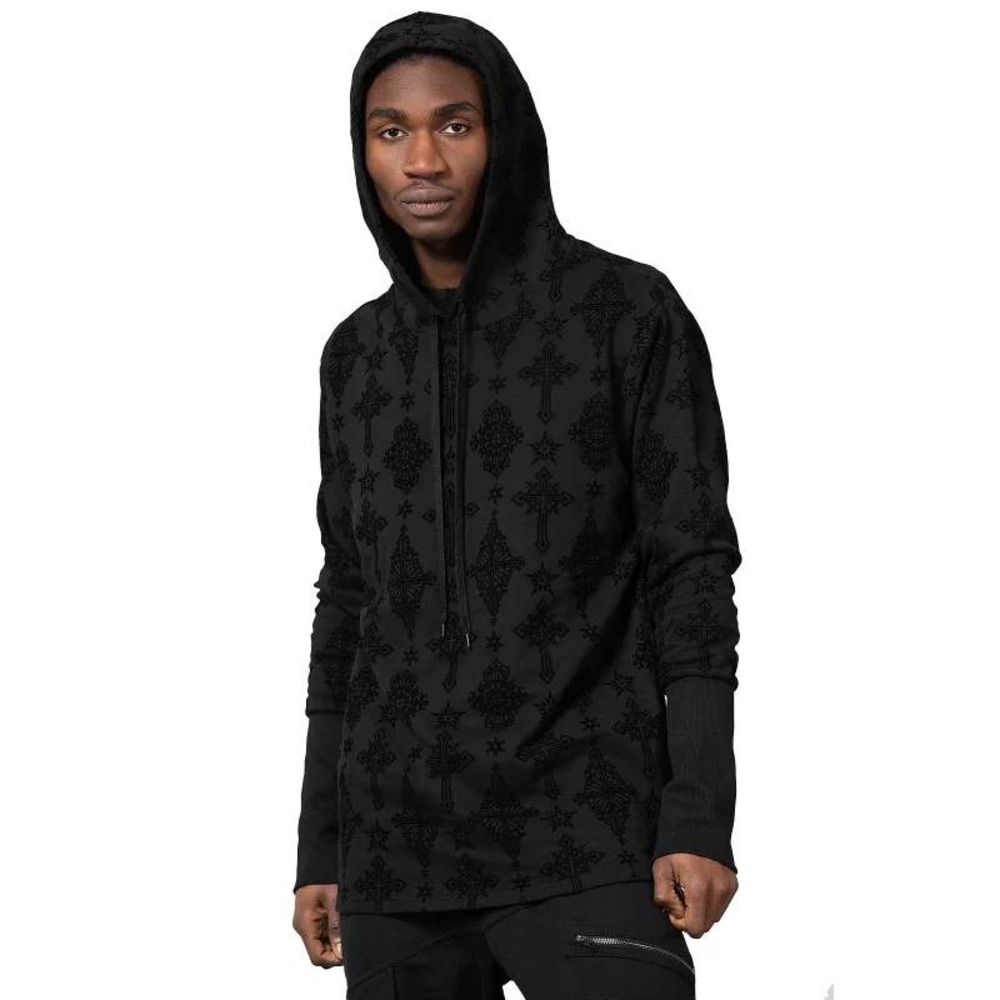 Killstar Atomas Pullover Hoodie Black Flocked Damask Cross Goth Unisex Large